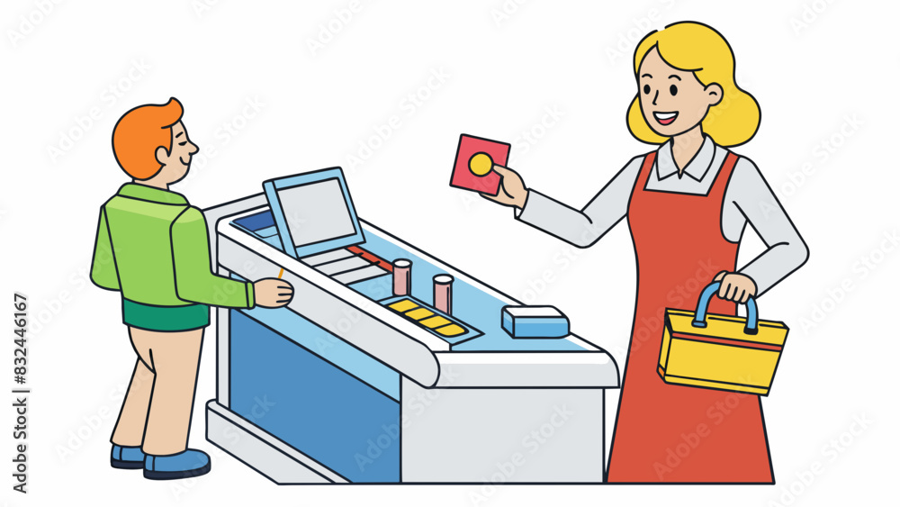 Poster a woman standing in line at a grocery store placing items on a conveyor belt. after the cashier scan