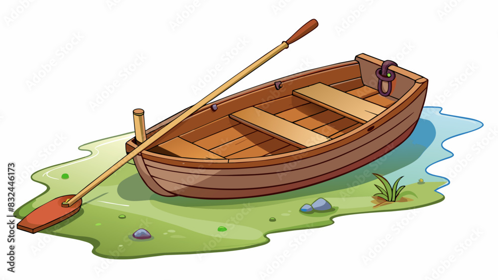 Poster a wooden rowboat with peeling paint and a worn out oar resting on the shore of a small quiet river. 