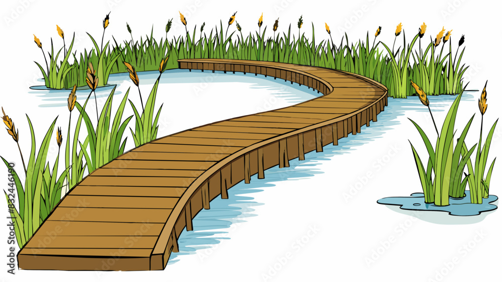 Poster a wooden boardwalk winding through a dense marsh with tall reeds and cattails on either side. the pa