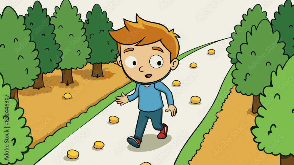 Poster a young boy eagerly following a trail of breadcrumbs through a dense forest.. cartoon vector.