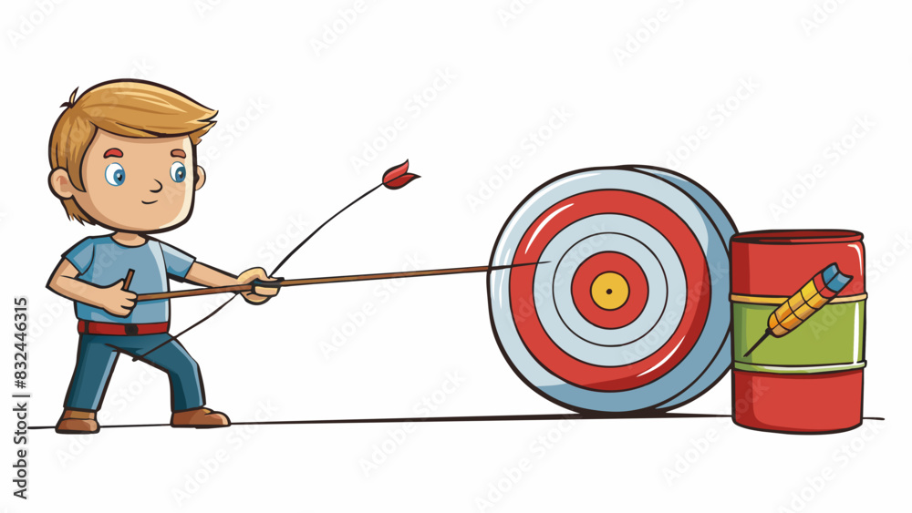 Poster a young boy pulls back the string of his handmade bow focused on a target made of hay bales and old 