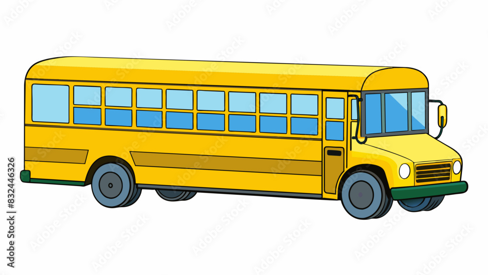 Aufkleber A yellow school bus with a large rectangular body and two rows of windows on either side. It has a flat front with a large windshield and double doors. Cartoon Vector.