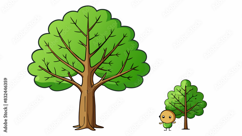 Aufkleber A young sapling is compared to a towering oak tree. The sapling is thin and delicate with vibrant green leaves and a single small branch while the oak. Cartoon Vector.