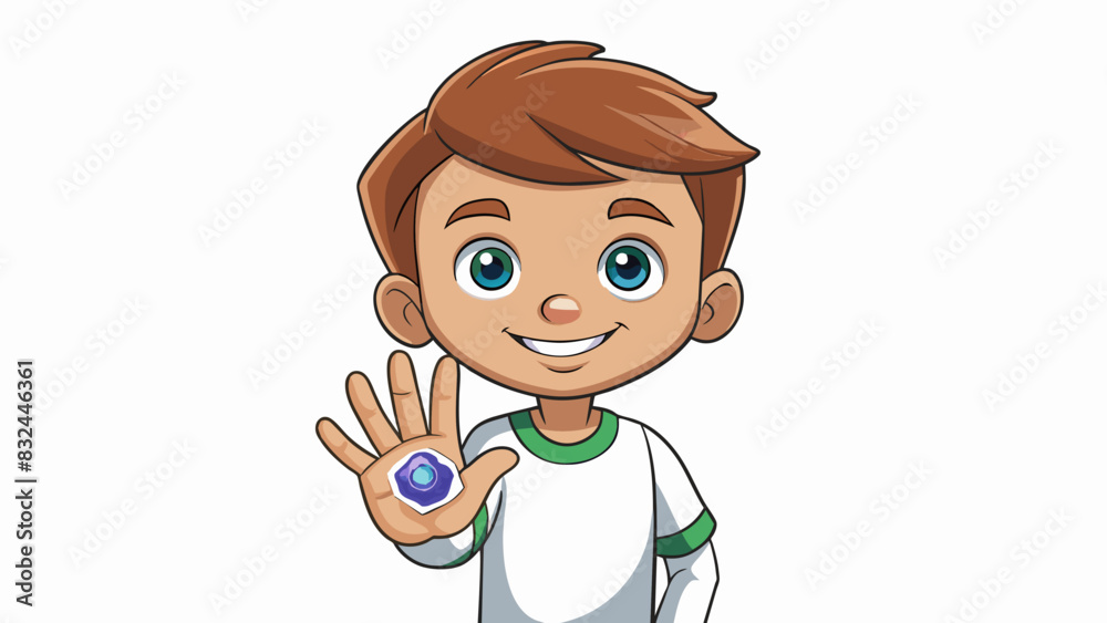Poster a young child proudly showing off their fourth finger displaying a shiny silver ring with four small