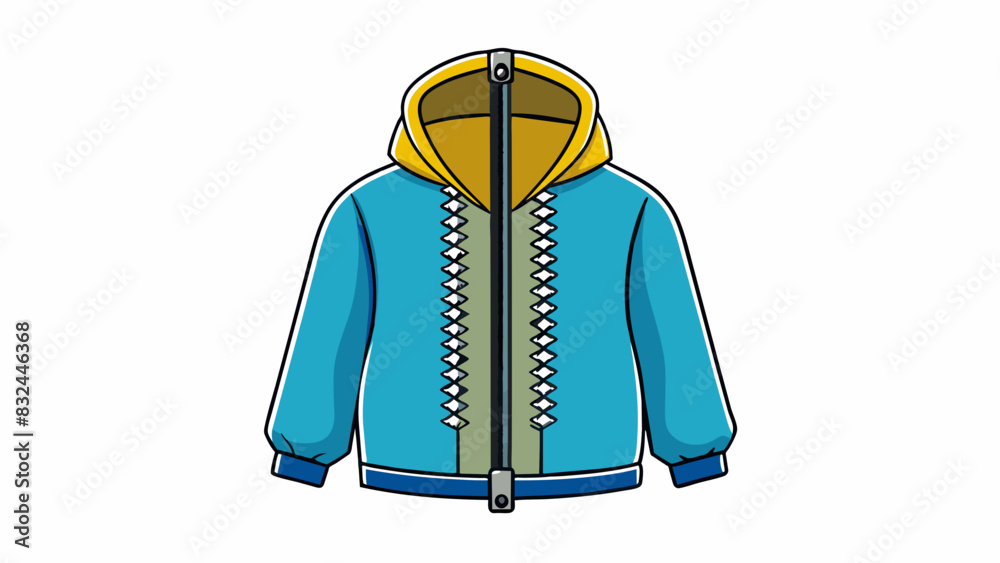 Sticker A zipper connecting two sides of a jacket The zipper is made up of two long chains of metal teeth that can be interlocked or separated with ease. Cartoon Vector.