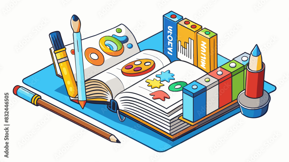 Poster An art curriculum may include a sketchbook paintbrushes and different types of paint. The sketchbook is used for students to brainstorm and sketch out. Cartoon Vector.