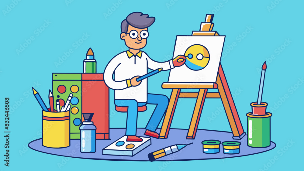 Poster an artist sits at their easel surrounded by tubes of paint and various brushes. they carefully mix c