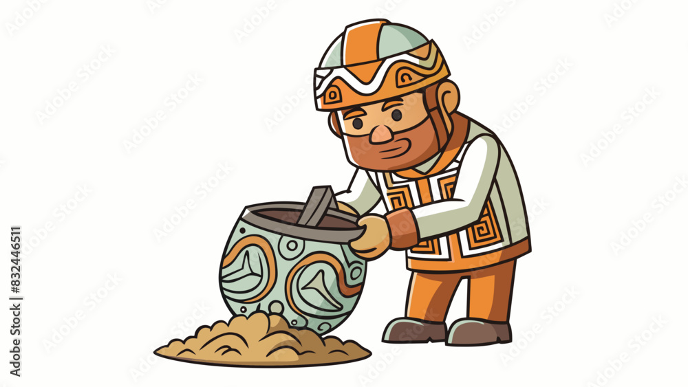 Poster an archaeologist carefully brushes away layers of dirt to uncover a buried artifact. the object is m