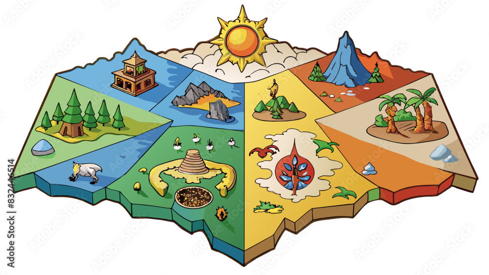 Aufkleber An ancient map of a kingdom featuring handdrawn illustrations of mythical creatures and landmarks. The map is divided into four sections each. Cartoon Vector.