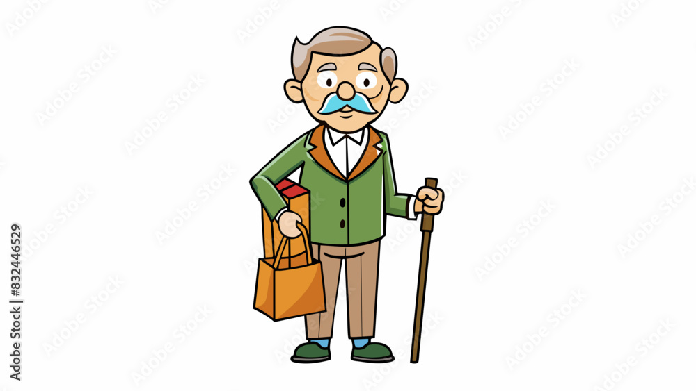 Poster an elderly man with a cane wearing a cardigan and carrying a paper bag filled with groceries.. carto