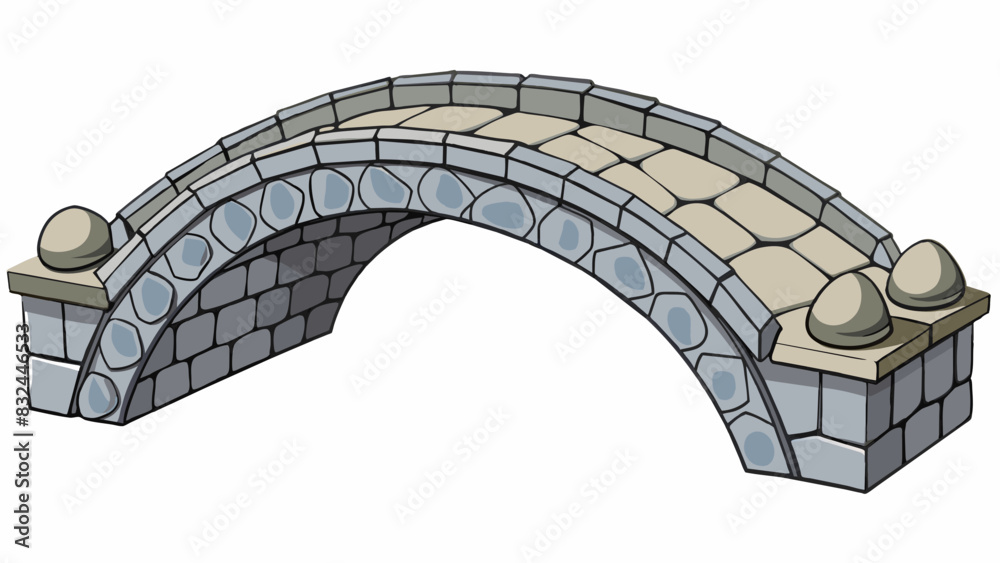 Poster An arched stone bridge crafted from smooth gray rocks and adorned with intricate carvings crossing over a peaceful canal.. Cartoon Vector.