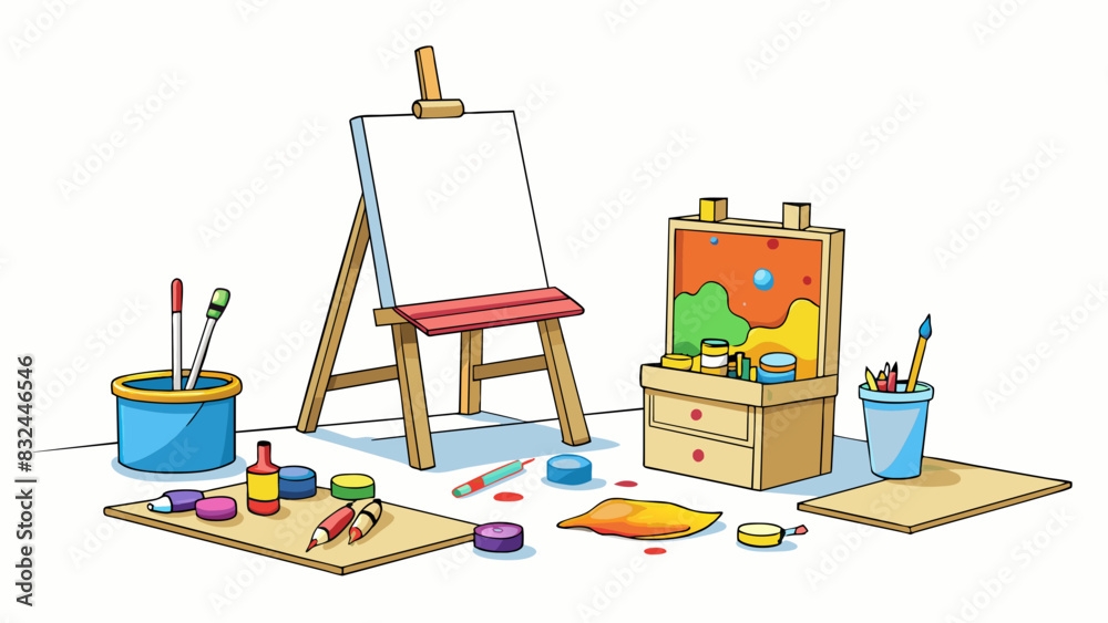 Poster An art studio with splashes of paint and tered paintbrushes on the wide paneled floors. A large unfinished canvas sits on an easel next to a. Cartoon Vector.
