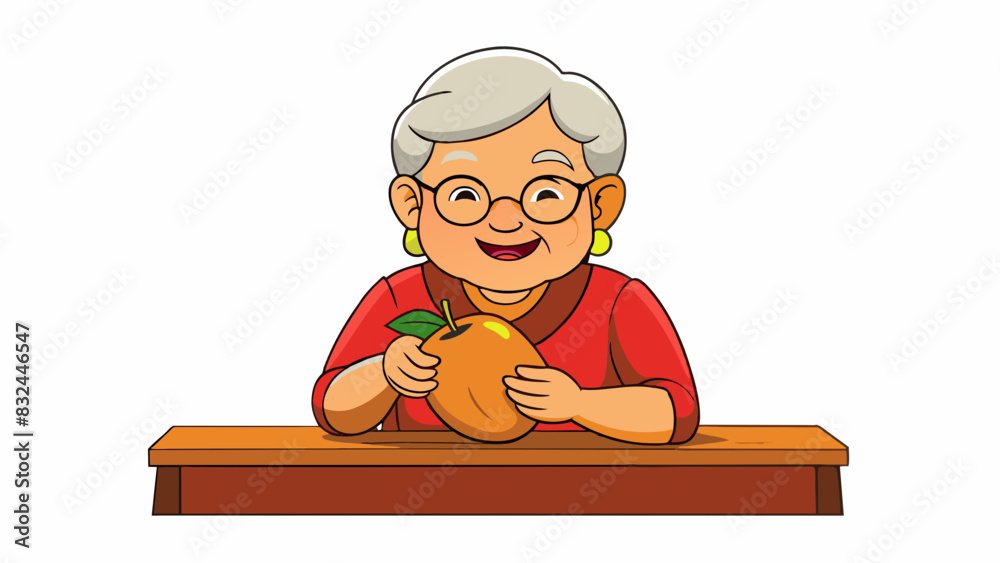 Poster an elderly woman sitting at a wooden table peeling a ripe juicy mango. the skin of the mango is a de