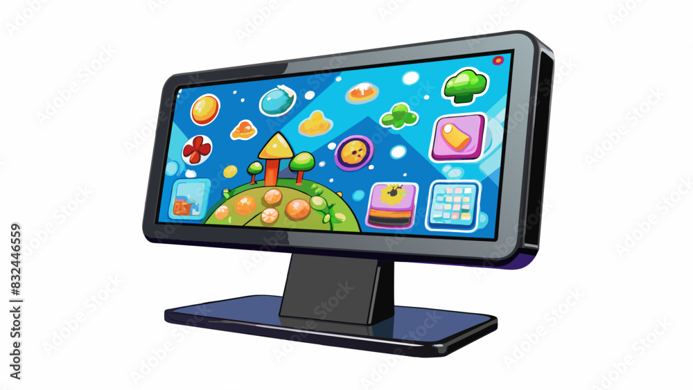 Poster An electronic display screen with vivid graphics and bold text. The screen is mounted on a sleek black stand and is programmed to showcase different. Cartoon Vector.