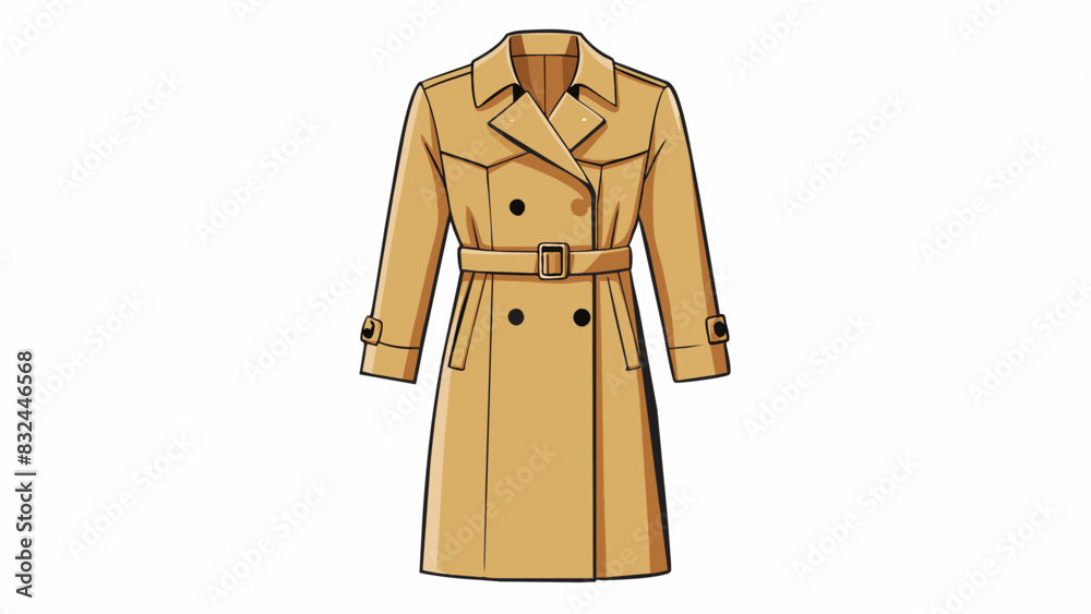 Poster an elegant kneelength trench coat in a neutral beige color. it has doubleed buttons a belt at the wa