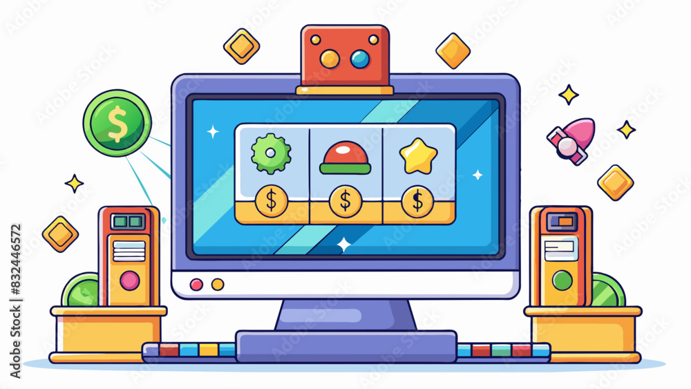 Poster An electronic screen with flashing lights and colorful graphics displaying a variety of different games to choose from. Players insert money and press. Cartoon Vector.