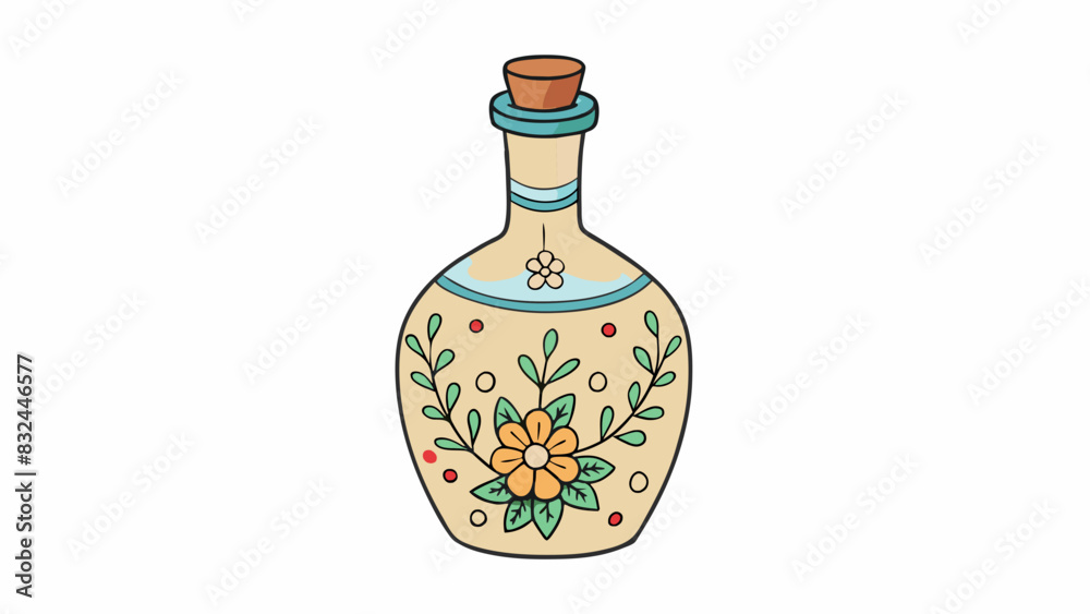 Poster an elegant ceramic bottle with a delicate handpainted design of flowers and vines. its body is sligh
