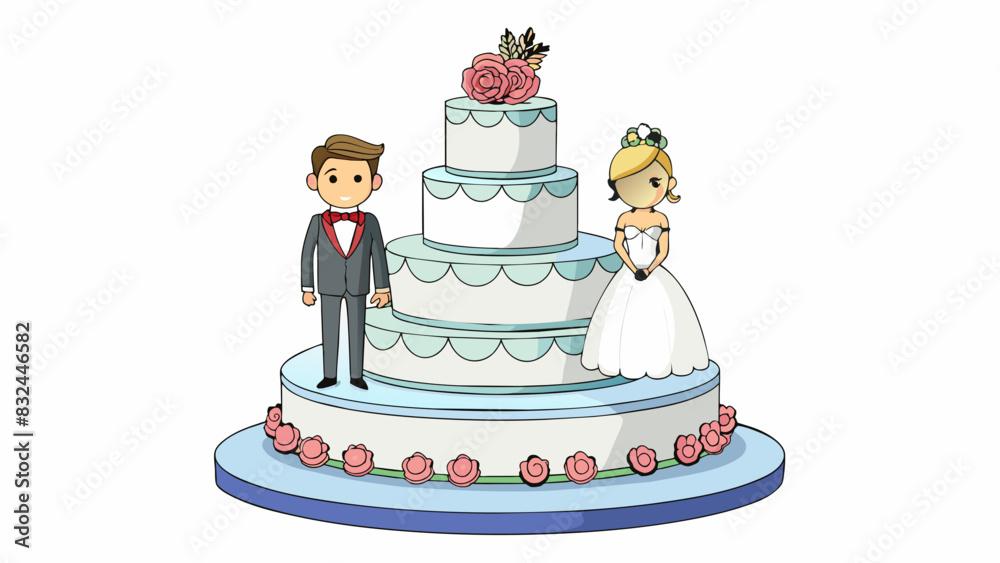 Poster an elegant fourtiered wedding cake adorned with intricate white frosting and delicate sugar flowers.