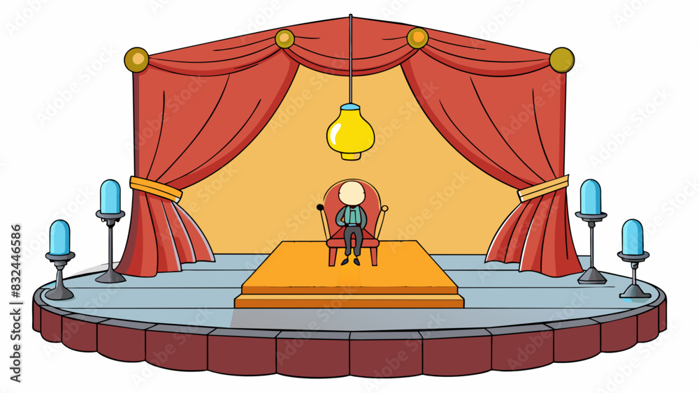 Poster an empty stage with a lone chair and a single light bulb hanging above it as a lone performer dives 