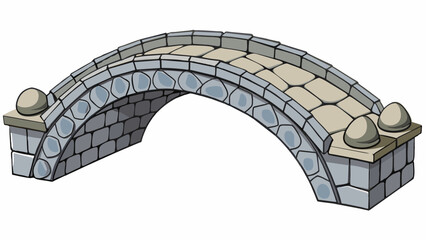 An arched stone bridge crafted from smooth gray rocks and adorned with intricate carvings crossing over a peaceful canal.. Cartoon Vector.