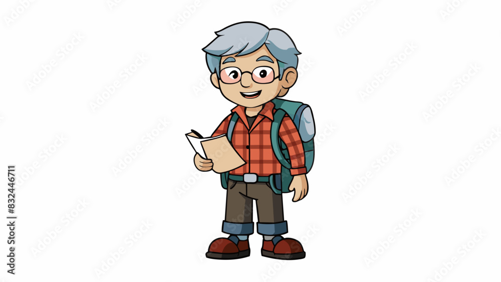 Canvas Prints An individual in their 40s with short grey hair wearing a flannel shirt and hiking boots carrying a backpack and a map. They have a determined look on. Cartoon Vector.