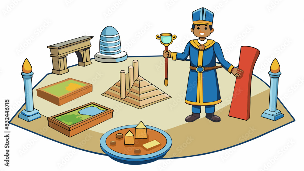 Poster An interpreter at a historic site uses objects such as tools and artifacts to tell the story of past events and the way of life of those who lived. Cartoon Vector.