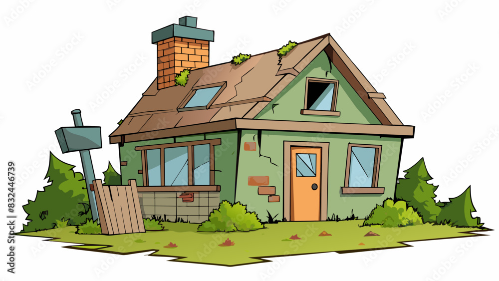 Aufkleber an old abandoned house with boardedup windows and overgrown vegetation. the roof is caved in and the
