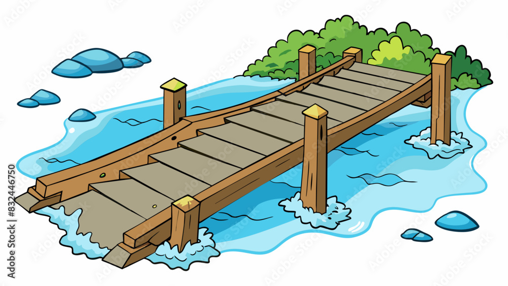 Poster an old wooden bridge crossing over a rushing river. the bridge is worn and creaks with every step bu