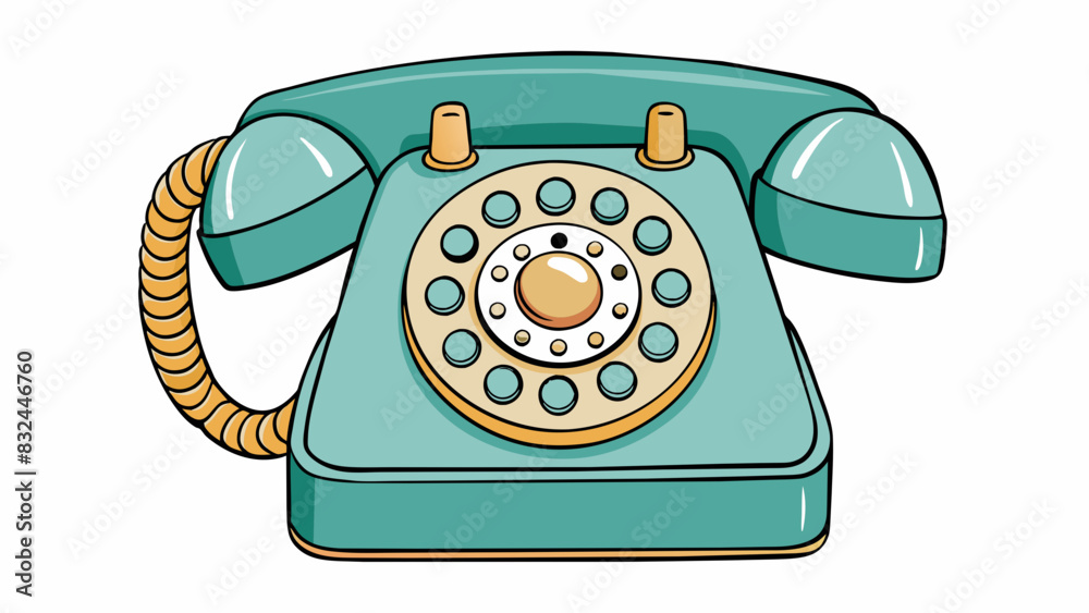 Poster An oldfashioned rotary telephone with a black and white dial. The circular dial has small holes for each number with a raised and notched dial in the. Cartoon Vector.