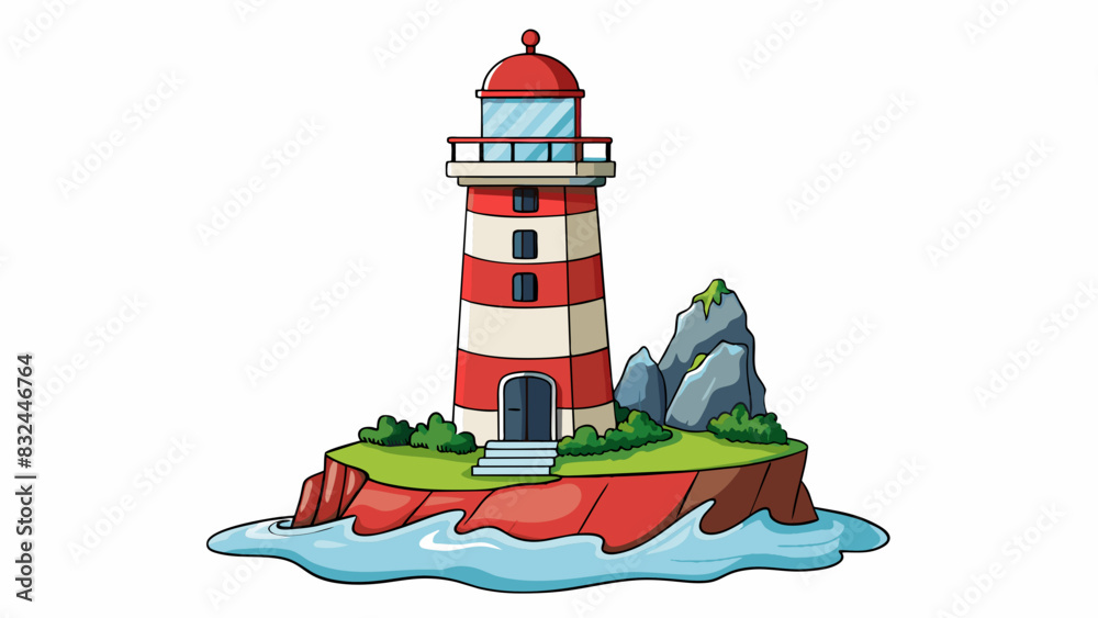 Poster an old relatively small lighthouse stands tall on a rocky cliff near the ocean. the lighthouse has a
