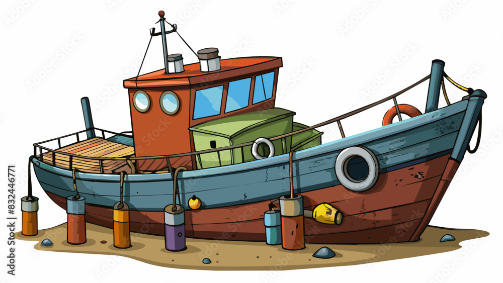 Poster an old weathered fishing boat with chipped paint and rusted metal tied to a weathered dock. its bow 