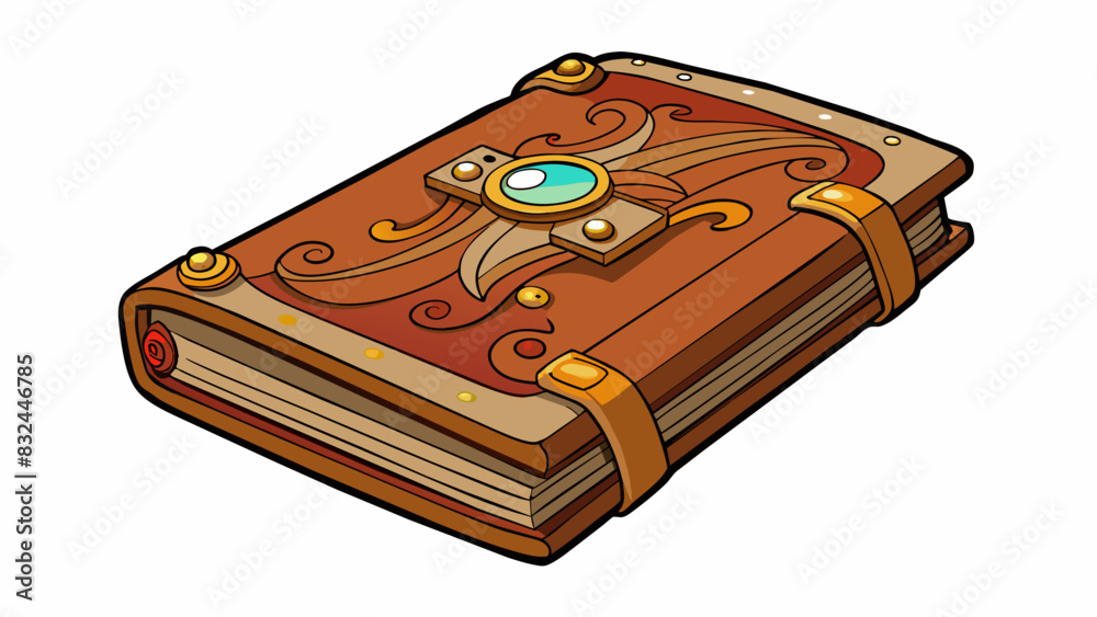 Sticker An old diary its cover adorned with intricately carved wood filled with scribbled moments and secret longings.. Cartoon Vector.