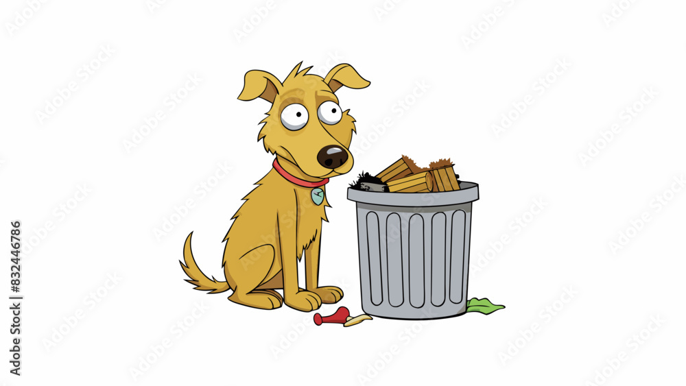 Poster an old feeble dog with matted fur and painfully thin body scavenging for scraps of food in a garbage