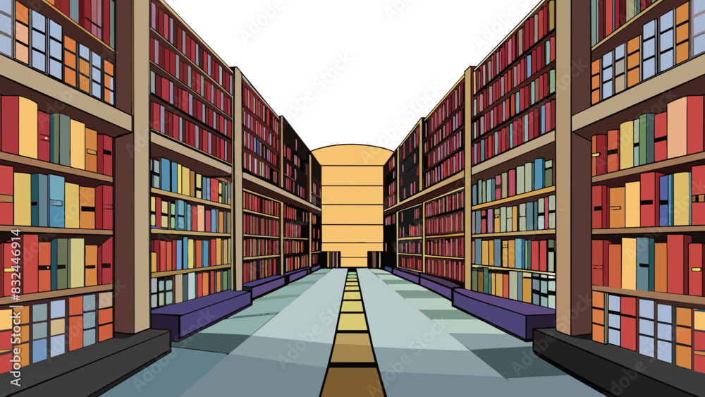 Poster As I entered the vast library I was struck by the number of books stacked from floor to ceiling. The towering shelves seemed to never end and the. Cartoon Vector.
