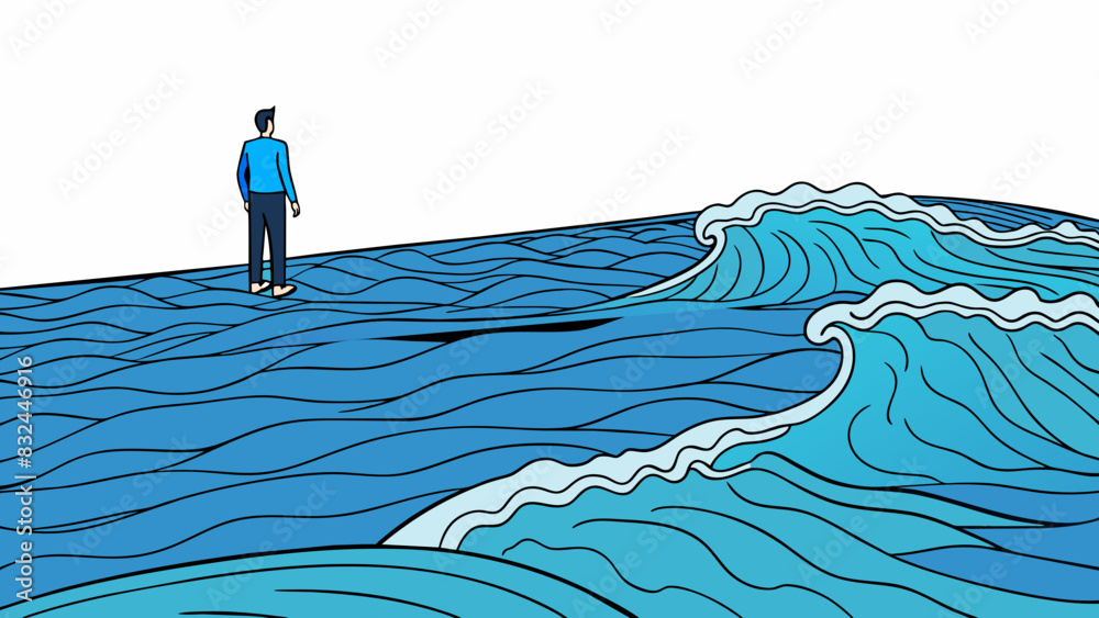 Poster As I stood at the edge of the vast ocean I felt small and insignificant in the face of its endless blue expanse. The crashing waves and powerful. Cartoon Vector.