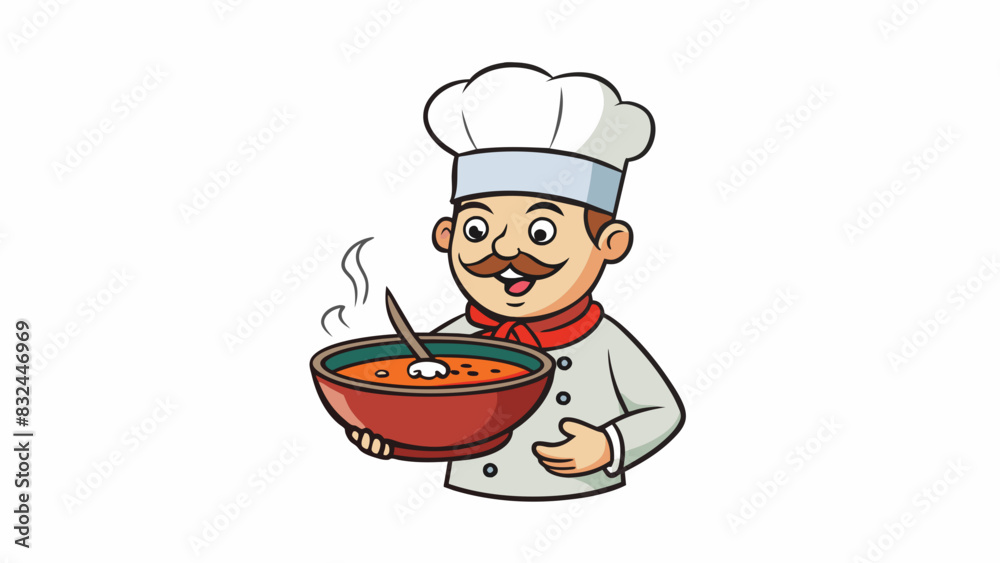 Poster as the chef blew on the hot soup to cool it down steam rose up and tickled his nose.. cartoon vector