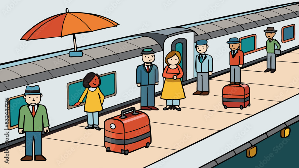 Poster As the train pulled into the station the platform was swarming with commuters. Briefcases and umbrellas jostled together while the constant murmur of. Cartoon Vector.