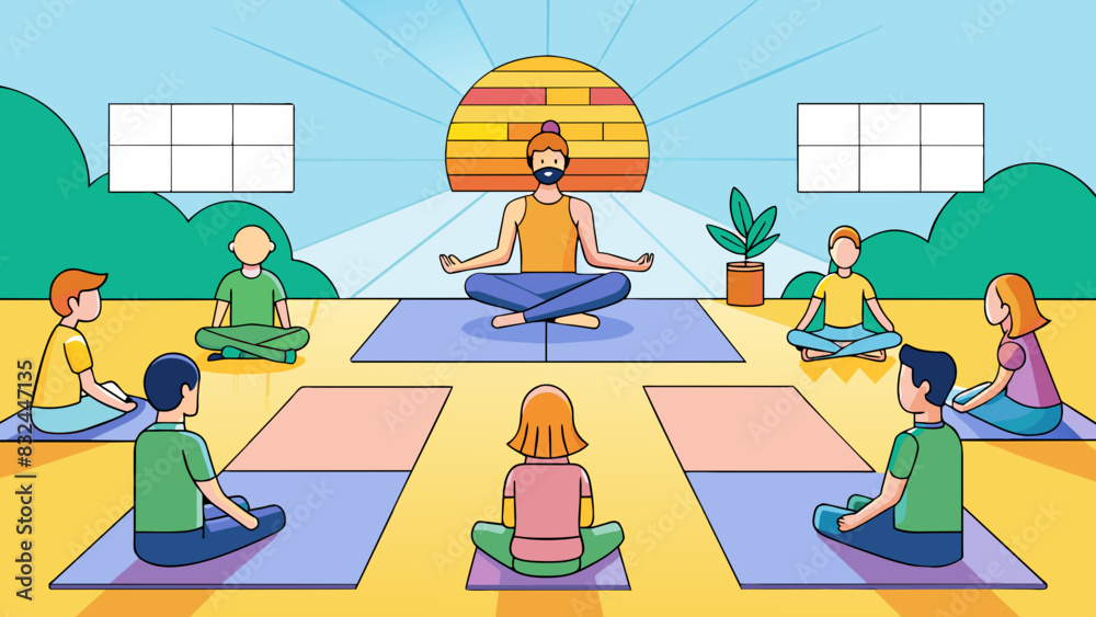 Poster As the sun streams in through the windows the instructor sets up a series of yoga mats and colorful blocks in the center of the room. Soft music plays. Cartoon Vector.