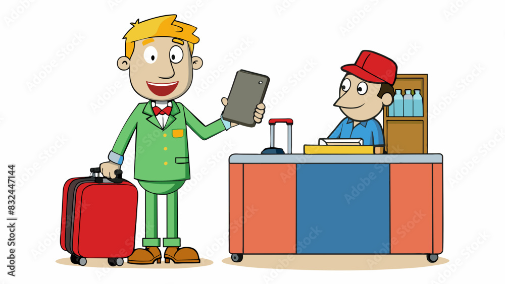 Poster At a hotel a guest is someone who checks in with a large suitcase and a tired expression ready to relax and unwind. They ask the front desk about. Cartoon Vector.