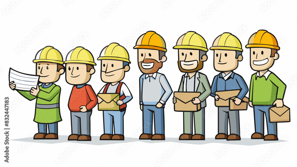 Poster at a construction site a group of hardhat workers stand in line to receive their weekly wage from th