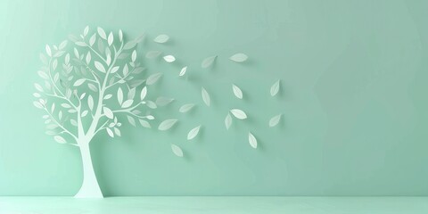 paper cut of tree with leaves on pastel green background