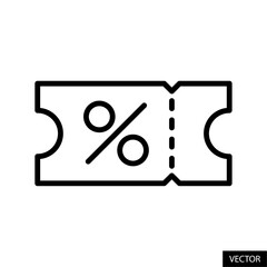 Discount coupon with percent sign vector icon in line style design for website, app, UI, isolated on white background. Editable stroke. Vector illustration.