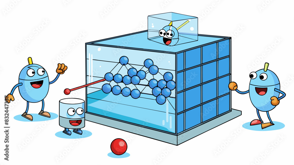Poster BoseEinstein Condensate A bunch of atoms cooled to near absolute zero in a research lab. In this state they appear to merge together and behave as one. Cartoon Vector.