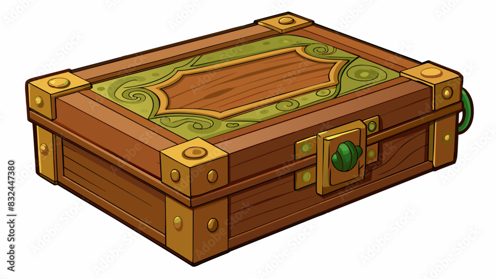 Aufkleber Choose a rectangular box with a hinged lid and a lock on the front. The box is made of wood and has intricate carvings all over its surface. Inside. Cartoon Vector.
