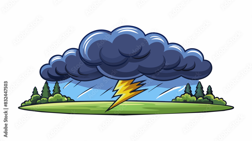 Poster Dark storm clouds loomed over the sky casting a shadow over the landscape as thunder rumbled in the distance.. Cartoon Vector.