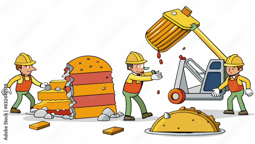 Aufkleber Digestion is like a demolition crew down large structures food into smaller pieces to make it easier to transport and recycle nutrient absorption.. Cartoon Vector.