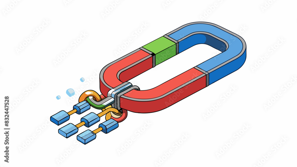 Aufkleber Display the strength of a magnet by using it to pick up a pile of paperclips and watching them stick together in a chain.. Cartoon Vector.