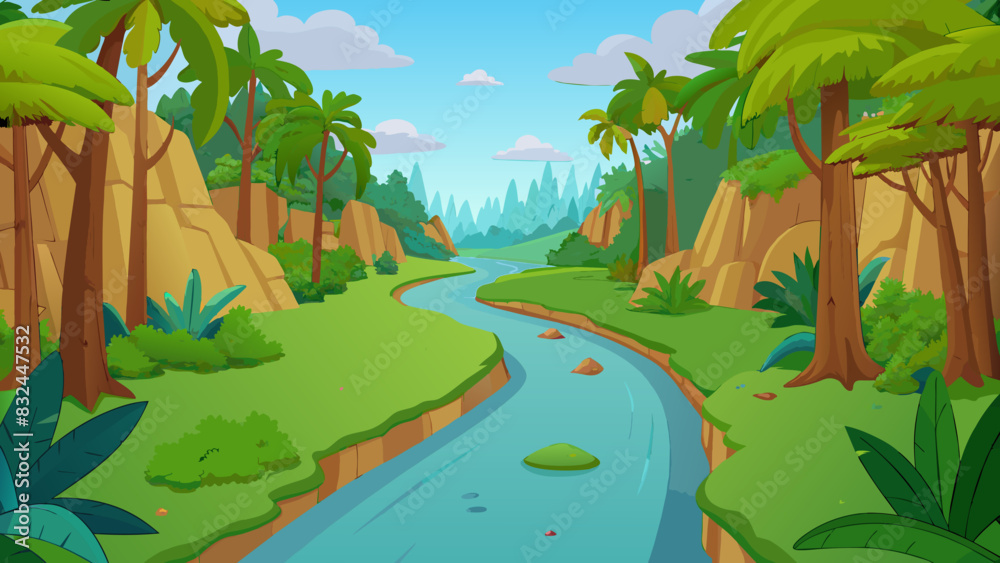 Wall mural Deep in a dense rainforest a peaceful river flows through the dense foliage surrounded by tall trees and exotic plants. The air is thick with humidity. Cartoon Vector.