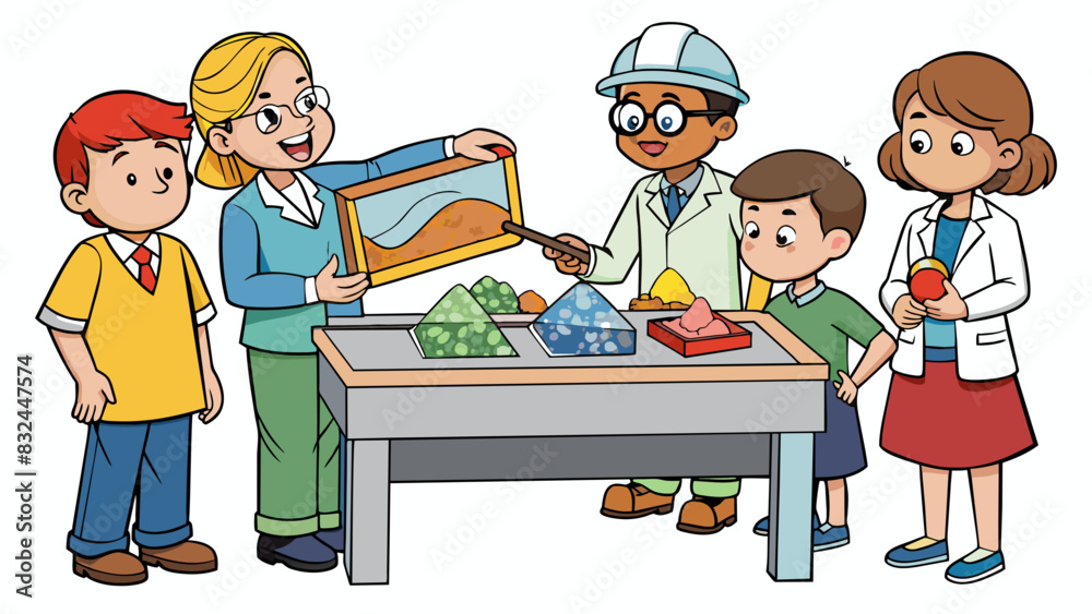 Poster During this lesson students will explore the different properties of rocks and minerals. They will observe the luster color and hardness of various. Cartoon Vector.