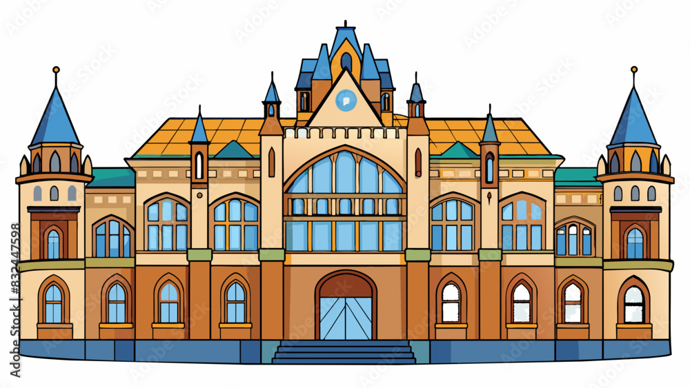Poster european architecture a grand building with intricate details and tall arched windows stands proudly